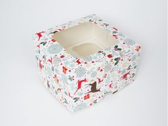 Коробка на 4 кекса квадратная с окошком (17*17*10 см), Олени