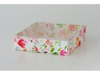 Коробка подарочная с прозрачной крышкой, 20*20* высота 7 см, Акварельные цветы
