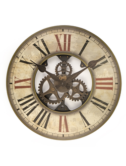 Часы с состаренным светлым циферблатом и вращающимися шестеренками по центру.