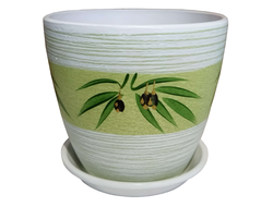 Белый с зеленым необычный цветочный горшок из керамики диаметр 15 см с рисунком оливки