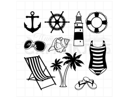 Набор морских штампов - волны, маяк, шезлонг, шлепанцы, купальник, очки, пальма, мороженое