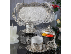 Набор для кофе в восточном стиле на 2 персоны, декор &quot;Четырехлистник, серебро&quot; с большим подносом, Турция