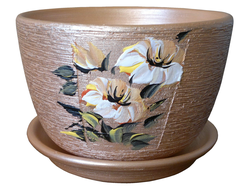 Персиковый средний керамический горшок для комнатных цветов диаметр 17 см с цветочным рисунком