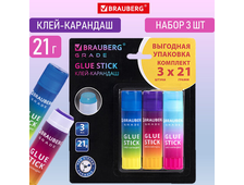 Клей-карандаш 21 г, ВЫГОДНАЯ УПАКОВКА, BRAUBERG GRADE, 3 штуки на блистере, PVP-основа, 271248