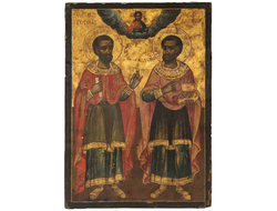 Косьма и Дамиан, Святые мученики, бессеребренники. Рукописная икона "под старину".