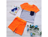 Арт. НК/ФШ/КУЛ203 Комплект футболка+ шорты(кулир).Цвет:оранж/серый/синий. Размер с 86-152