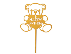 Топпер Happy Birthday МИШКА, пластиковый, цвет Золотой