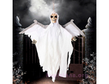Хэллоуинский розыгрыш &quot; Летающий призрак&quot;  в форме висячего призрака. Реквизит может издавать звуки, подпрыгивать, махать руками, также у него светятся глаза. Размеры: 60 см × 58 см