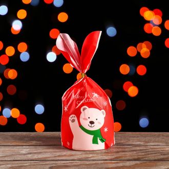 Мешок подарочный с ушками «Merry Christmas с Мишкой», 13 * 23 см,  5 штук (с клипсами)