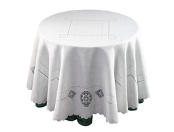 Большая вышитая праздничная белая скатерть диаметр 215 см на круглый стол в стиле рустик