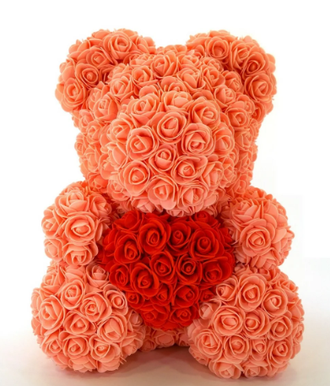 Мишка из роз с сердечком - персиковый 40 см