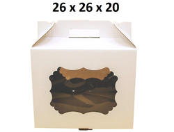 Коробка для торта с фигурным окном с РУЧКОЙ, 26*26*20 см Низкая, БЕЛАЯ