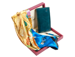 Подарочный набор кожаный кошелек платок брелок авторучка