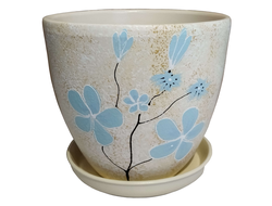 Бежевый с голубыми цветами керамический горшок для домашних растений диаметр 20 см