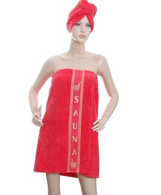 Комплект для бани, сауны женский. красный, махровый (юбка 70 х 140 см, чалма для волос) хлопок