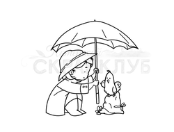 штамп девочка под зонтиком прячет от дождя цыплят