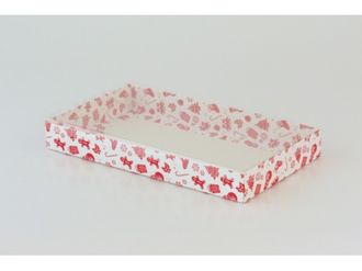 Коробка на 5 печений с прозрачной крышкой (25*15*3 см), Красно-белый новогодний