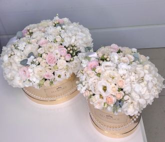 Микс из гортензий, эустомы в коробке М или S