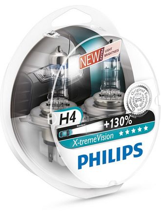 Лампа галогенная PHILIPS H4 X-treme Vision +130% 12V 60/55W в блистере 2 шт.