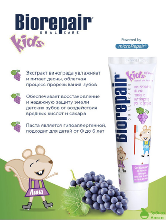 ДЕТСКАЯ ЗУБНАЯ ПАСТА BIOREPAIR KIDS СО ВКУСОМ ВИНОГРАДА ОТ 0 ДО 6 ЛЕТ