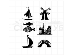 Штамп голландские мотивы - парусники, мельница, рыбы, мост