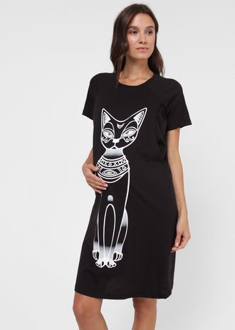 Платье домашнее ПАТРИЦИЯ черное с кошкой