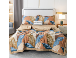 Комплект постельного белья Евро сатин простынь на резинке с одеялом покрывалом рисунок Перья  OBR100
