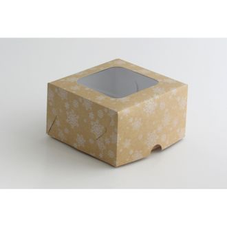 Коробка на 4 кекса квадратная с окошком (17*17*10 см), Крафт снежинки