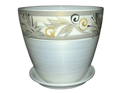 Белый с серым оригинальный керамический цветочный горшок диаметр 18 см с рисунком полосой