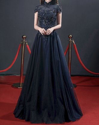 Синее вечернее бальное платье с коротким рукавом "Миледи" прокат Уфа