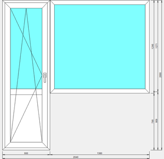 Балконный блок с глухим окном и поворотно-откидной дверью с непрозрачным сэндвичем снизу