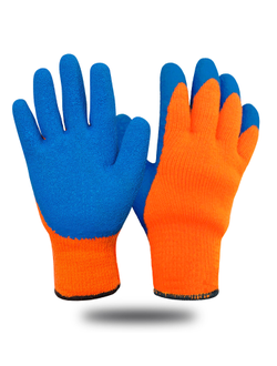 Перчатки утепленные оранжевые, акрил с синим рифленым латексным покрытием 7 кл.(х100)