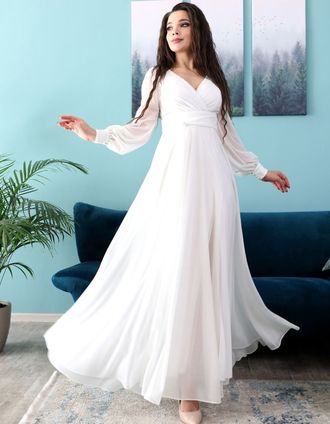 Белое блестящее платье с рукавами и разрезом на ноге "Катрин" прокат Уфа