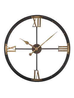 Настенные часы в металлическом корпусе цвета антрацит с римскими цифрами в античном золоте.
