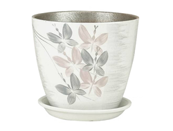 Белый керамический горшок для цветов 21 см с серо-розовым рисунком "бабочки"
