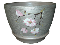 Серебристый керамический горшок для комнатных цветов диаметр 17 см с рисунком цветок