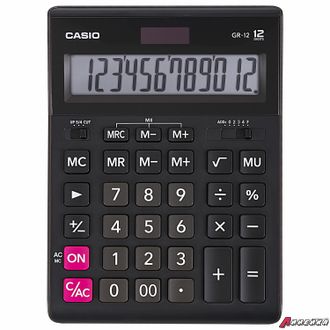 Калькулятор настольный CASIO GR-12-W (209×155 мм), 12 разрядов, двойное питание, черный, европодвес. 250380