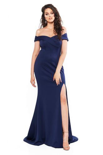 Синее вечернее платье с открытыми плечами и разрезом по ноге "Гранд" прокат Уфа