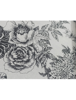 Ткань льняная "Цветы и бабочки" на белом