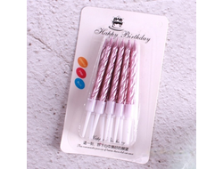 Свечи в торт ВИТЫЕ с подставкой НИЗКИЕ 7 см, 10 шт, РОЗОВЫЕ глянцевые