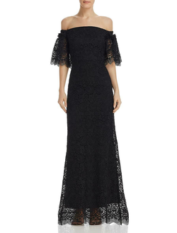 Черное вечернее гипюровое кружевное платье с открытыми плечами и рукавом Laundry by S напрокат в Уфе