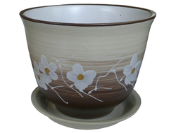 Бежевый с коричневым керамический горшок для домашних растений диаметр 19 см с рисунком цветок