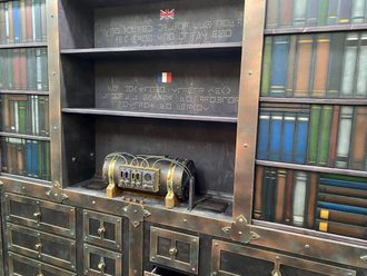 Bookcase with bomb