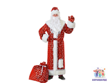 Карнавальный костюм Дед Мор красный р 54-56 (  Комплектуется шубой, мешком для подарков и варежками, шапка с меховым отворотом, борода на резинке белая кудрявая и парик)