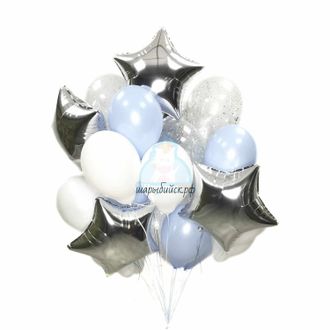 Композиция из бело голубых и прозрачных шаров со звездами