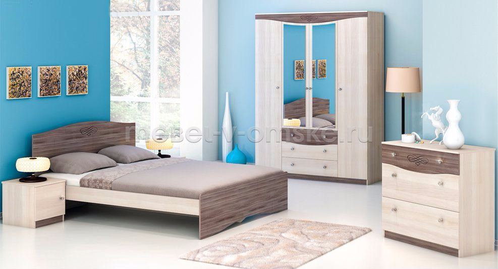 Модульный гарнитур "Ванесса" с кроватью и шкафом в спальне голубого цвета.