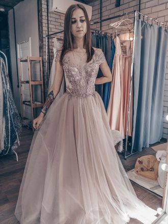 Розово-бежевое бальное вечернее платье "Нелли" прокат Уфа