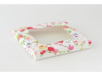 Коробка на 10 печений с окном (24*24*3 см), акварельные цветы