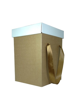 Коробка картонная с ручками-лентами (бурая) и крышкой (белая), 175*175*250 мм