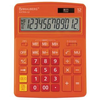 Калькулятор настольный BRAUBERG EXTRA-12-RG (205x155 мм), 12 разрядов, двойное питание, ОРАНЖЕВЫЙ, 250485